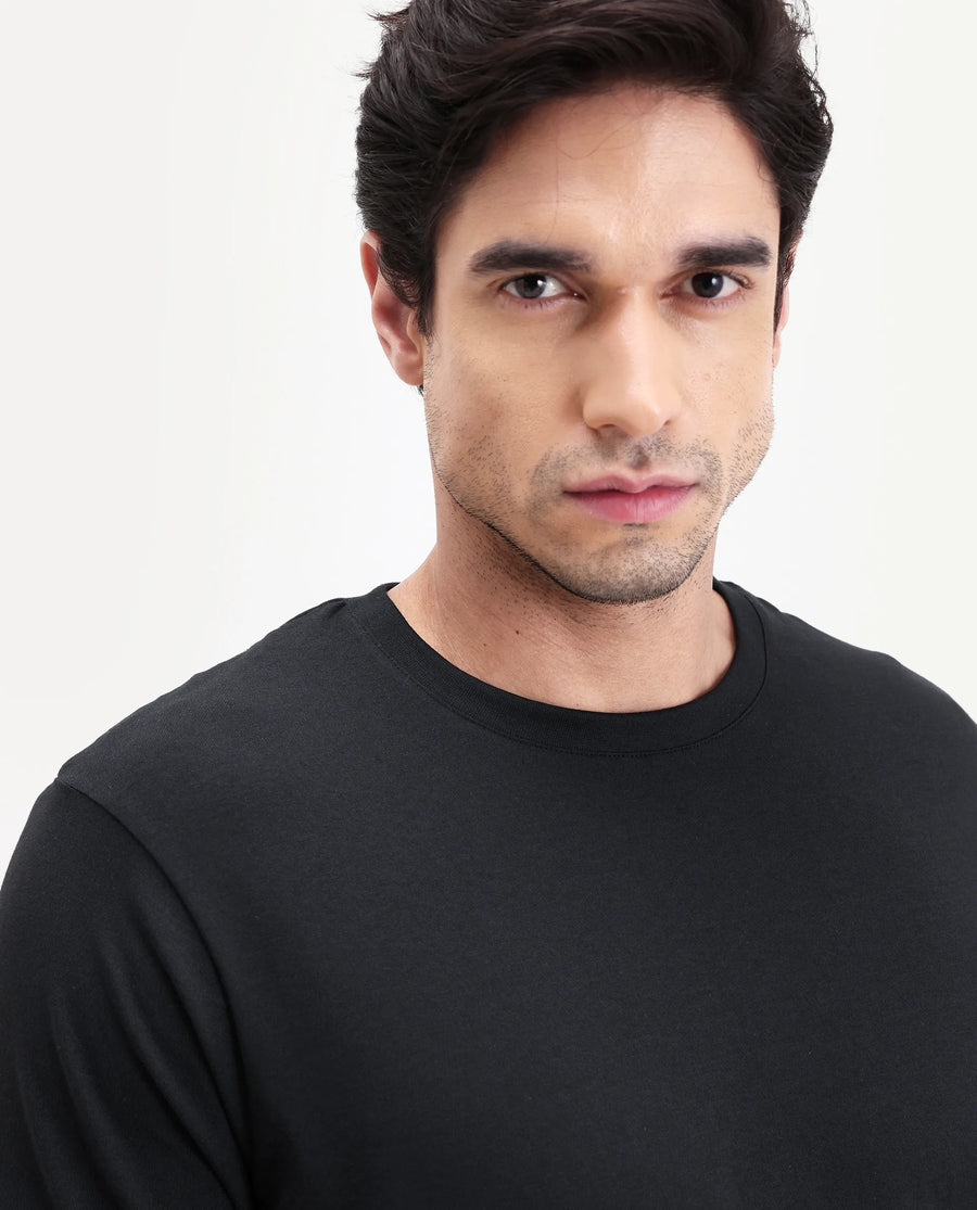 Rare Rabbit Men's Vaux Black Cotton Modal Spandex Half Sleeve Regular Fit Plain T-Shirt