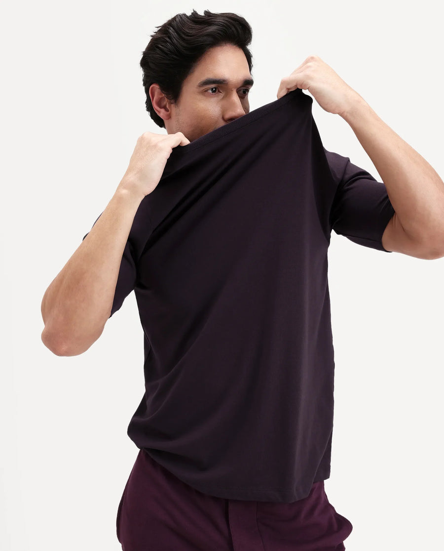Rare Rabbit Men's Vaux Maroon Cotton Modal Spandex Half Sleeve Regular Fit Plain T-Shirt