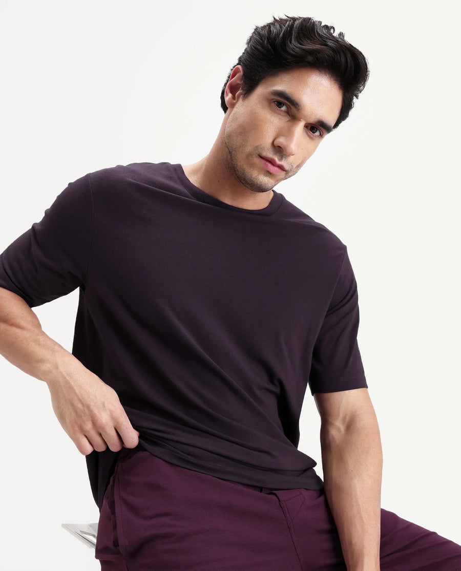 Rare Rabbit Men's Vaux Maroon Cotton Modal Spandex Half Sleeve Regular Fit Plain T-Shirt
