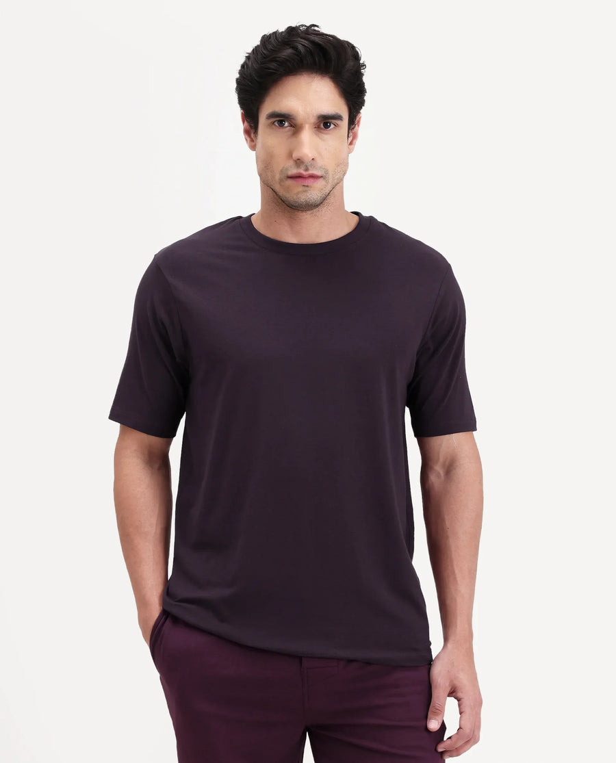 Rare Rabbit Men's Vaux Maroon Cotton Modal Spandex Half Sleeve Regular Fit Plain T-Shirt