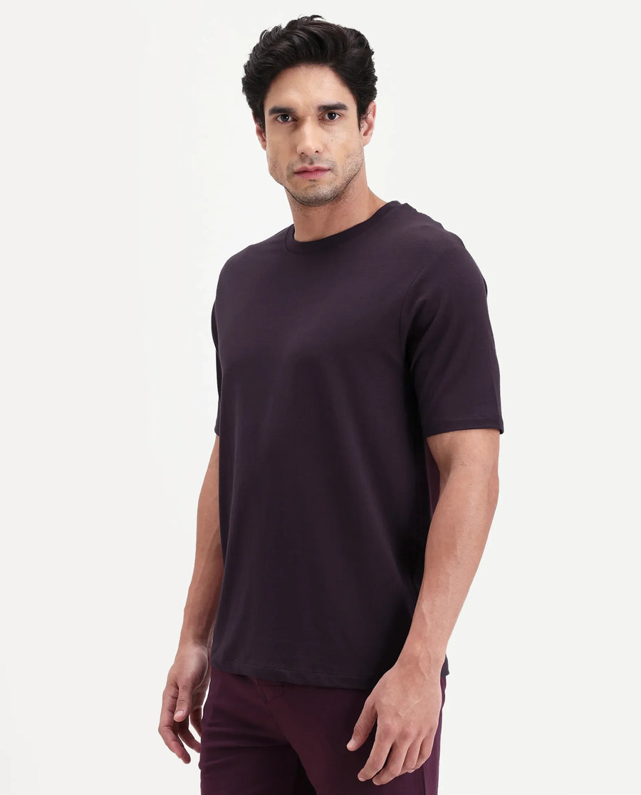 Rare Rabbit Men's Vaux Maroon Cotton Modal Spandex Half Sleeve Regular Fit Plain T-Shirt