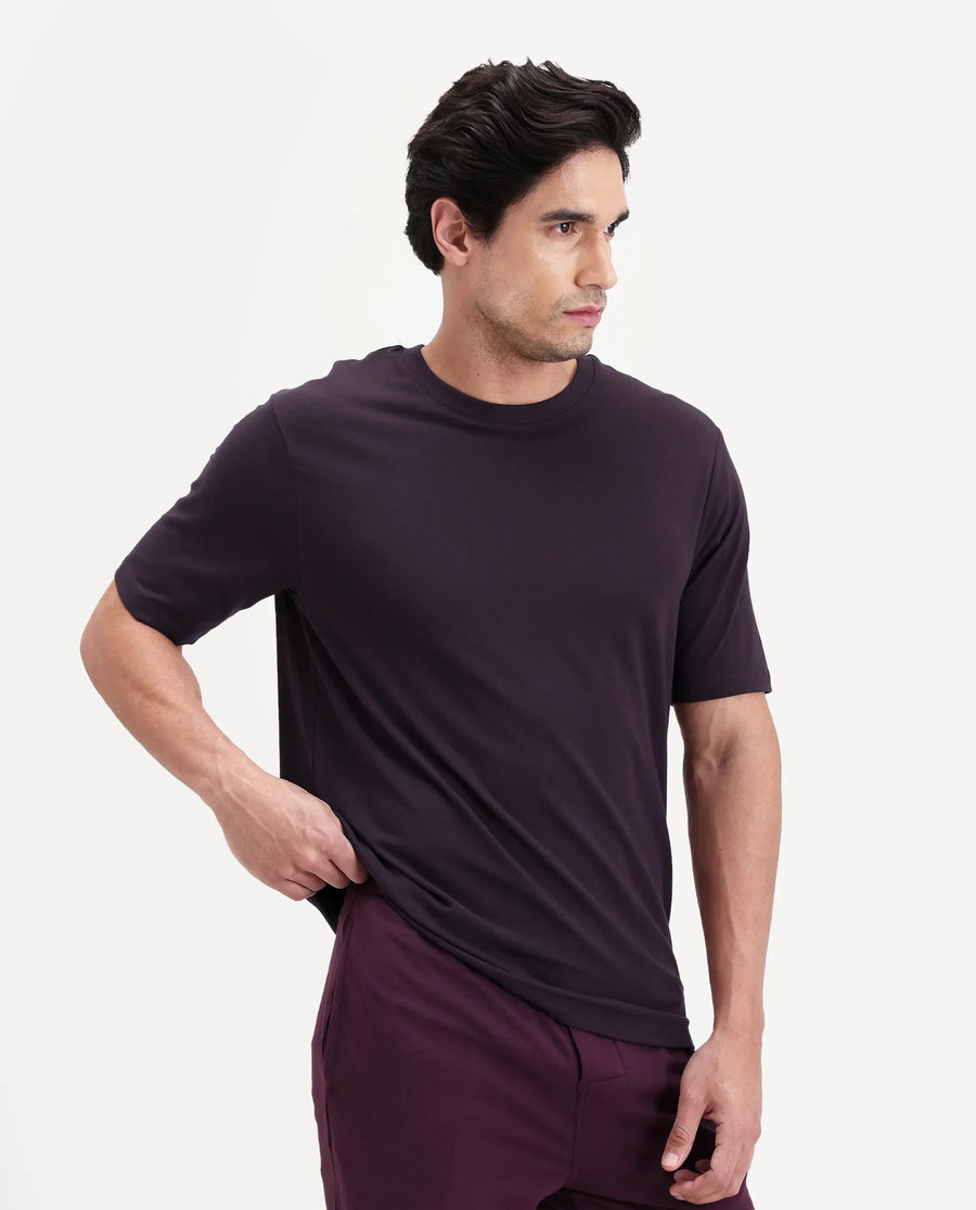 Rare Rabbit Men's Vaux Maroon Cotton Modal Spandex Half Sleeve Regular Fit Plain T-Shirt