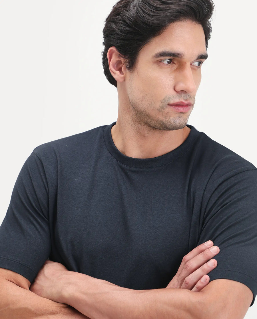 Rare Rabbit Men's Vaux Navy Cotton Modal Spandex Half Sleeve Regular Fit Plain T-Shirt