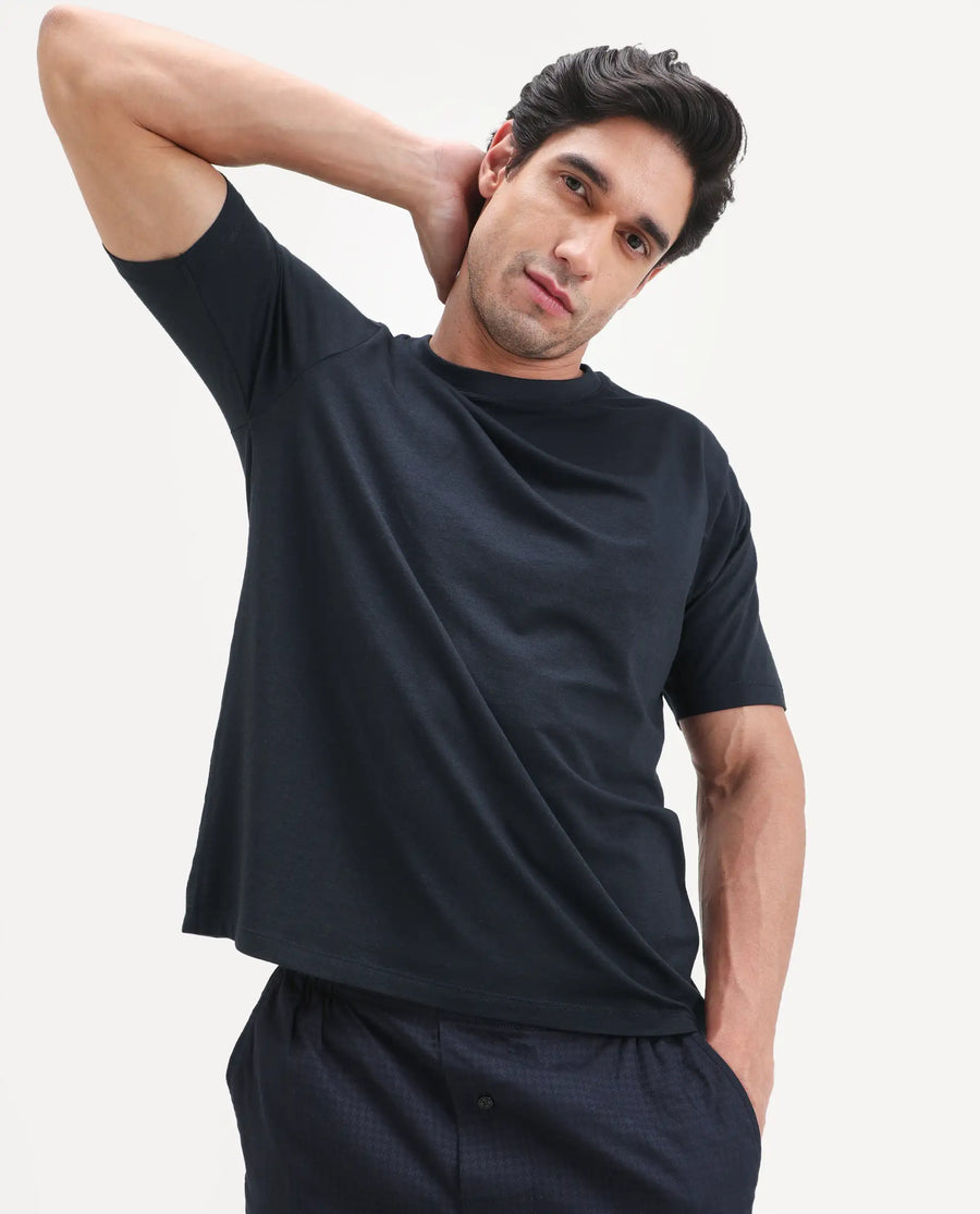 Rare Rabbit Men's Vaux Navy Cotton Modal Spandex Half Sleeve Regular Fit Plain T-Shirt