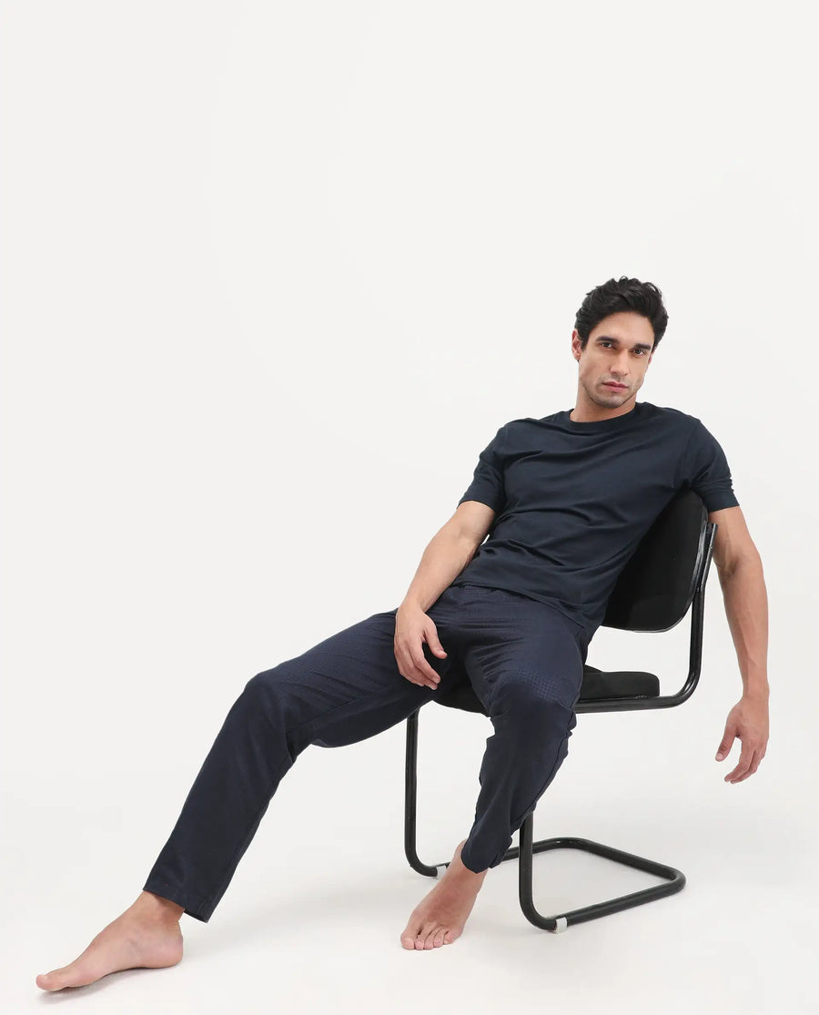 Rare Rabbit Men's Vaux Navy Cotton Modal Spandex Half Sleeve Regular Fit Plain T-Shirt