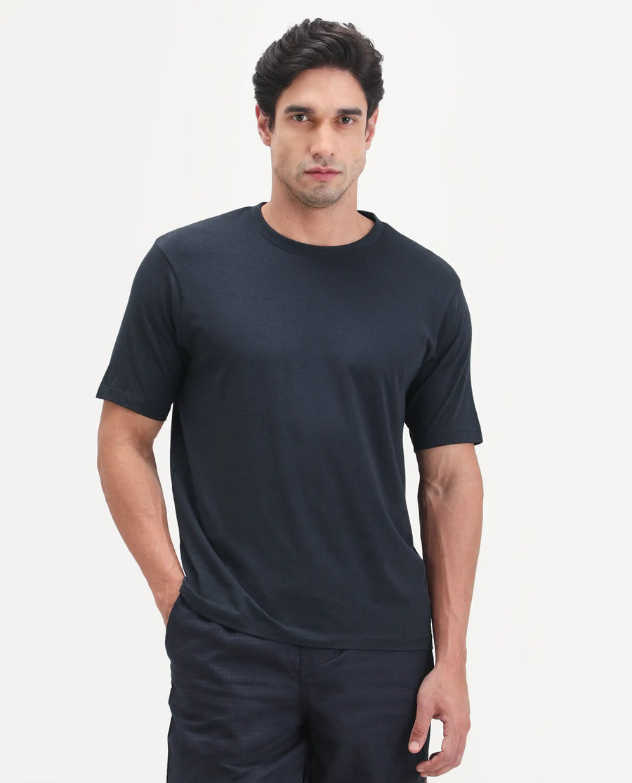 Rare Rabbit Men's Vaux Navy Cotton Modal Spandex Half Sleeve Regular Fit Plain T-Shirt