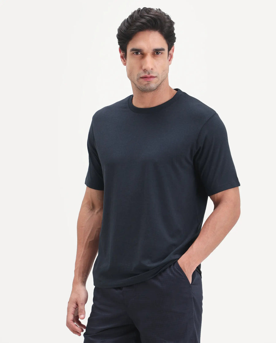 Rare Rabbit Men's Vaux Navy Cotton Modal Spandex Half Sleeve Regular Fit Plain T-Shirt