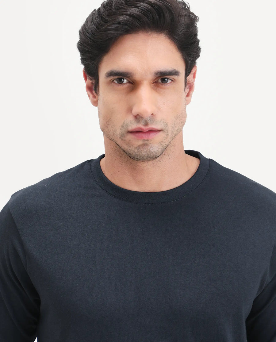 Rare Rabbit Men's Vaux Navy Cotton Modal Spandex Half Sleeve Regular Fit Plain T-Shirt