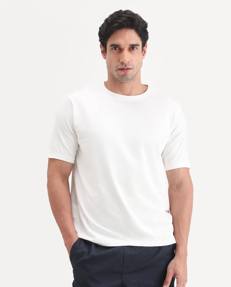 Rare Rabbit Men's Vaux Off White Cotton Modal Spandex Fabric Half Sleeve Regular Fit Plain T-Shirt