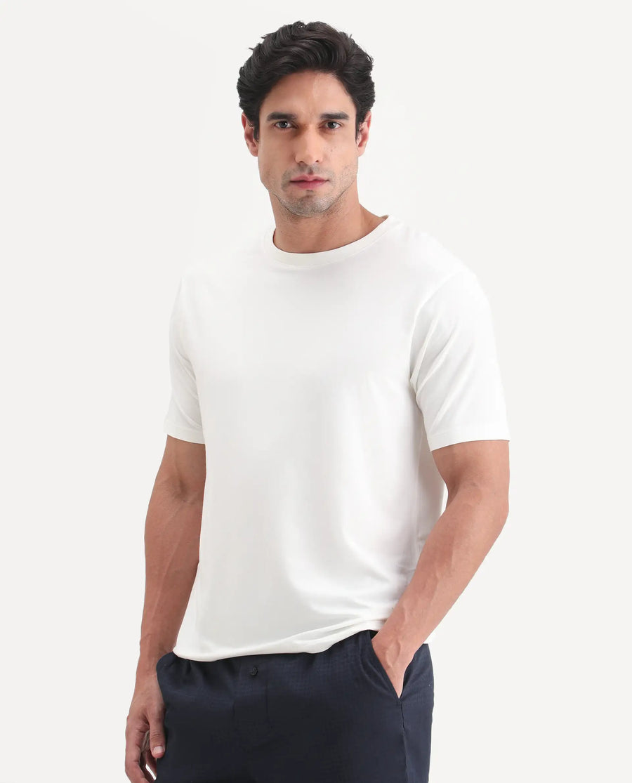 Rare Rabbit Men's Vaux Off White Cotton Modal Spandex Fabric Half Sleeve Regular Fit Plain T-Shirt