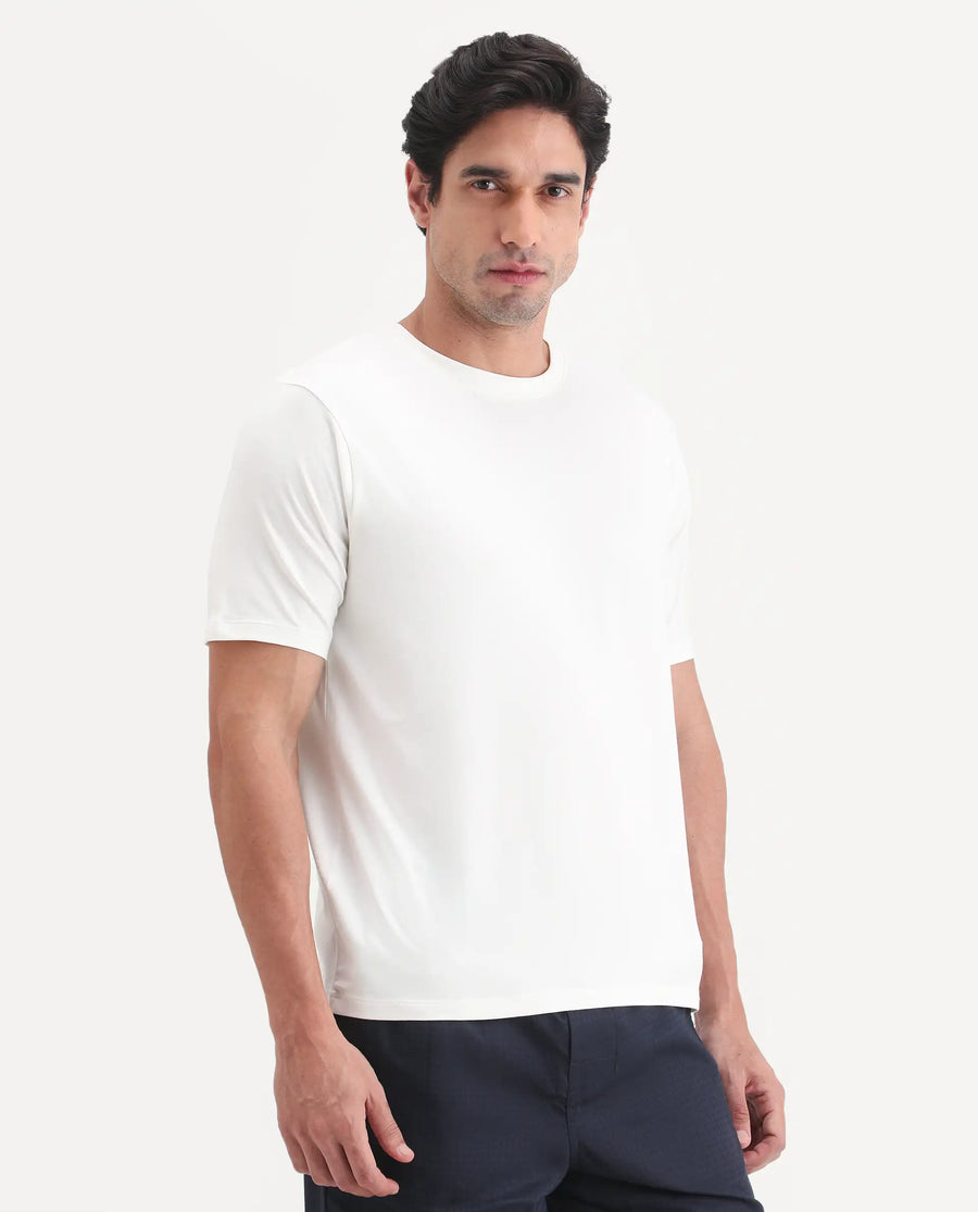 Rare Rabbit Men's Vaux Off White Cotton Modal Spandex Fabric Half Sleeve Regular Fit Plain T-Shirt