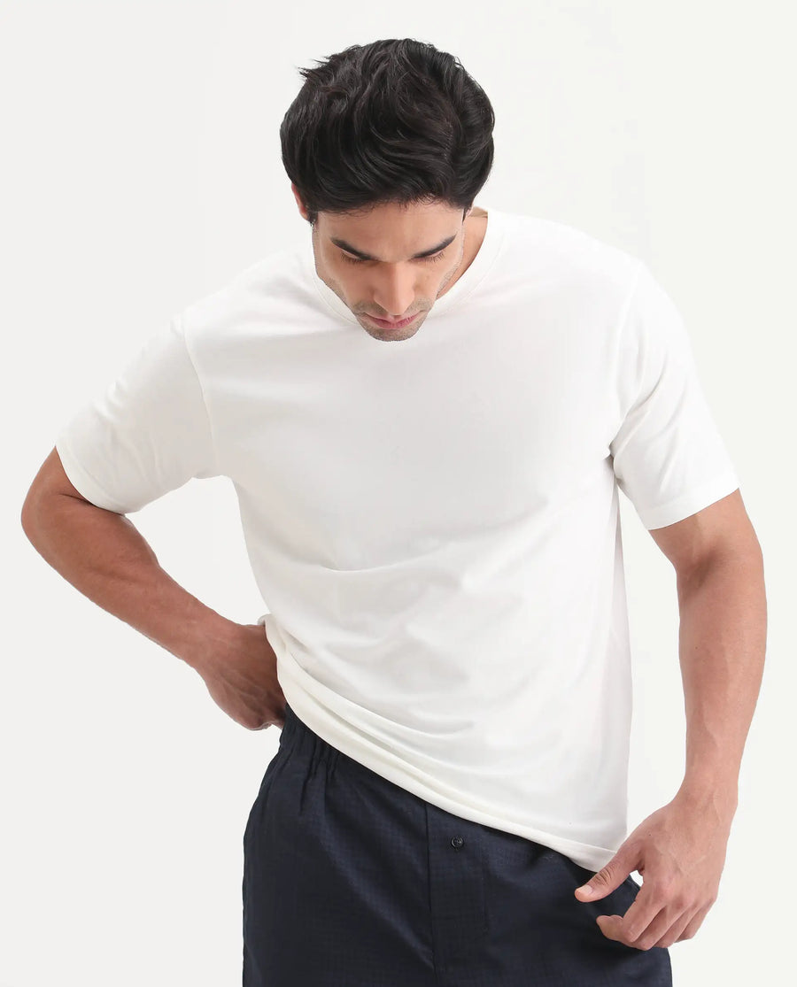 Rare Rabbit Men's Vaux Off White Cotton Modal Spandex Fabric Half Sleeve Regular Fit Plain T-Shirt