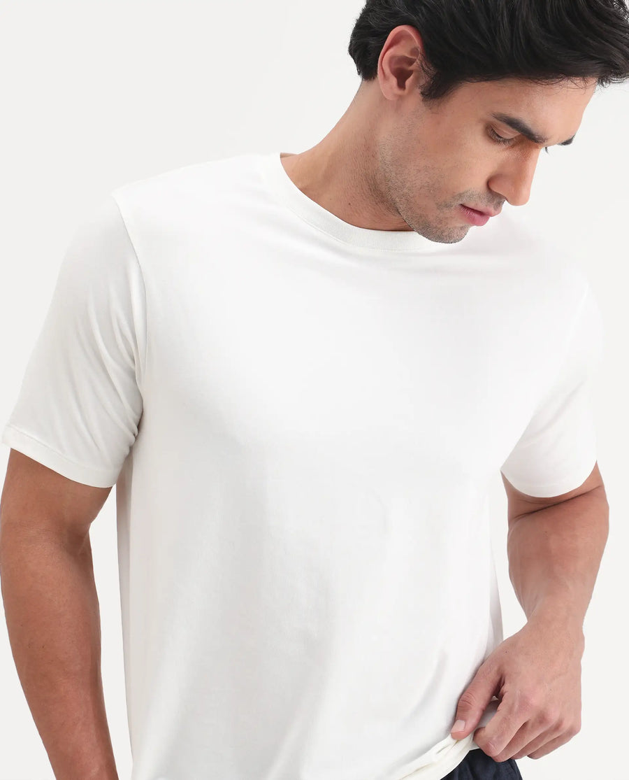 Rare Rabbit Men's Vaux Off White Cotton Modal Spandex Fabric Half Sleeve Regular Fit Plain T-Shirt