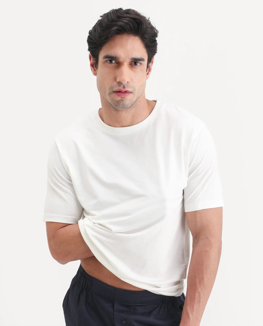 Rare Rabbit Men's Vaux Off White Cotton Modal Spandex Fabric Half Sleeve Regular Fit Plain T-Shirt