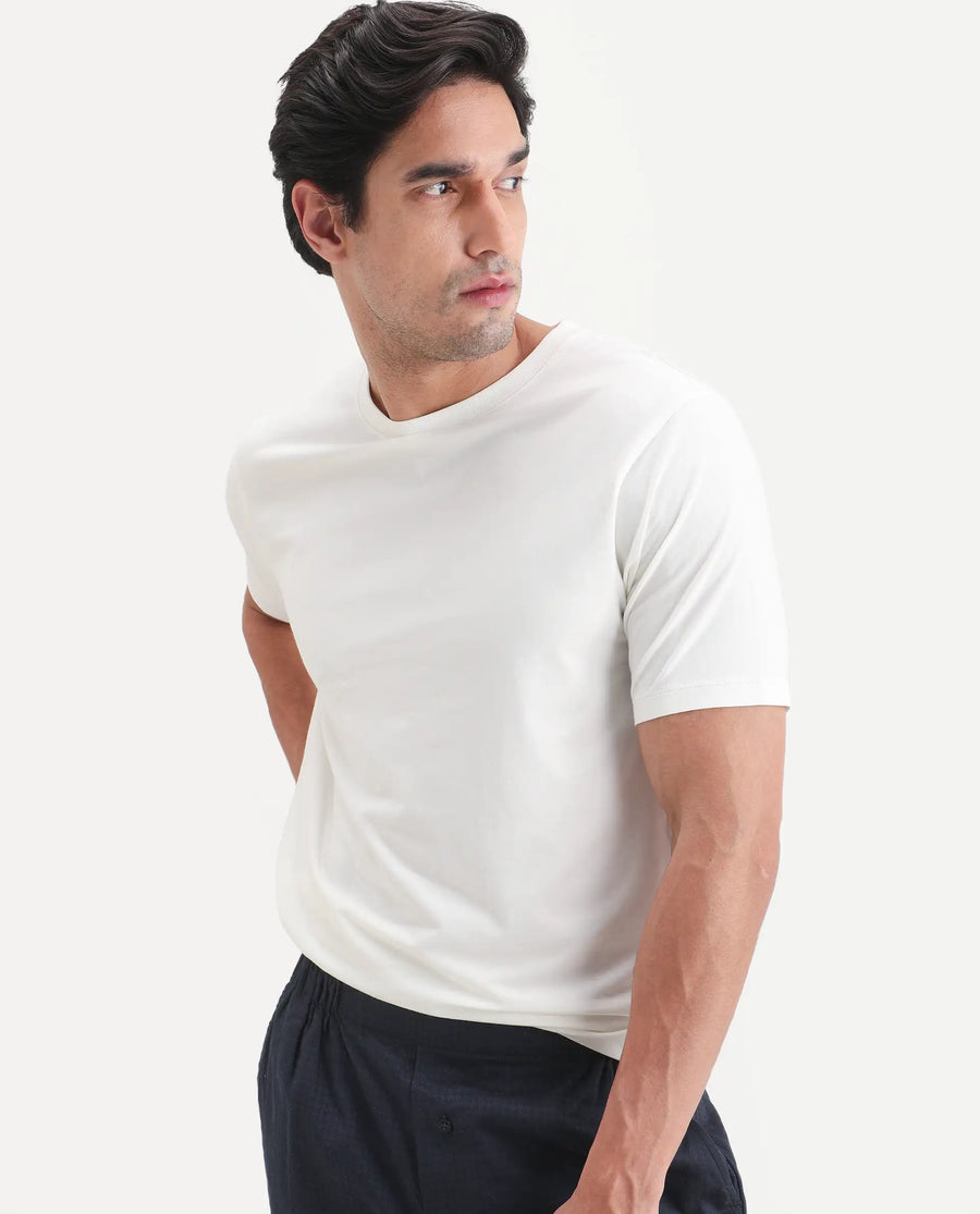 Rare Rabbit Men's Vaux Off White Cotton Modal Spandex Fabric Half Sleeve Regular Fit Plain T-Shirt