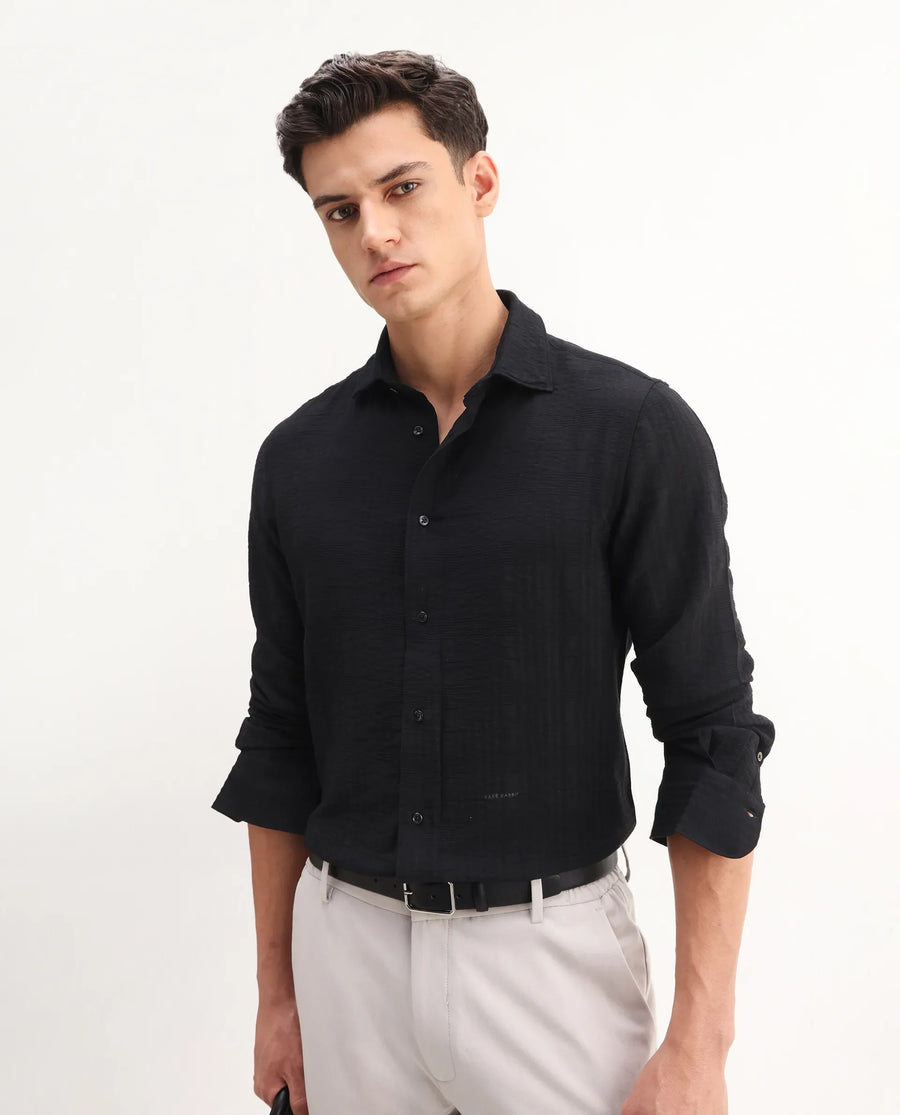 Rare Rabbit Men's Vaxo Black Viscose Blend Checked Print Regular Fit Full Sleeve Collared Shirt