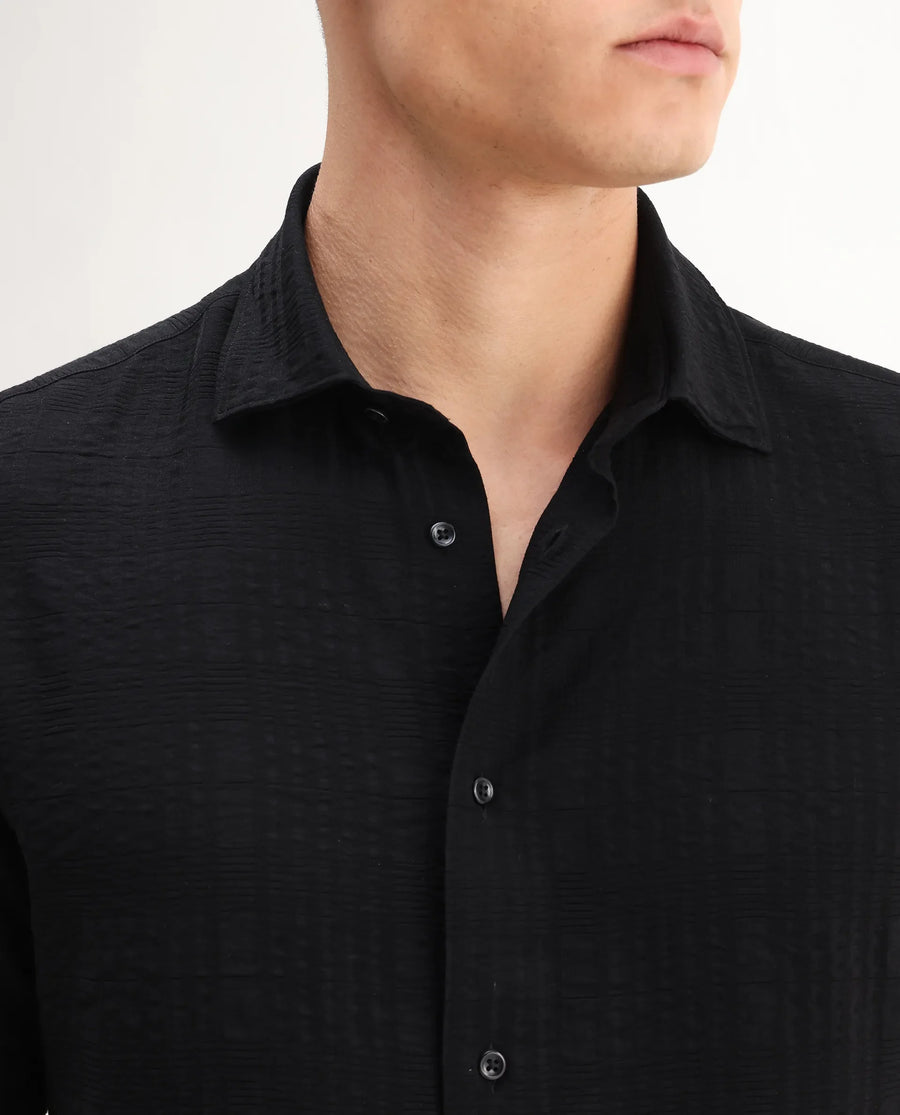 Rare Rabbit Men's Vaxo Black Viscose Blend Checked Print Regular Fit Full Sleeve Collared Shirt
