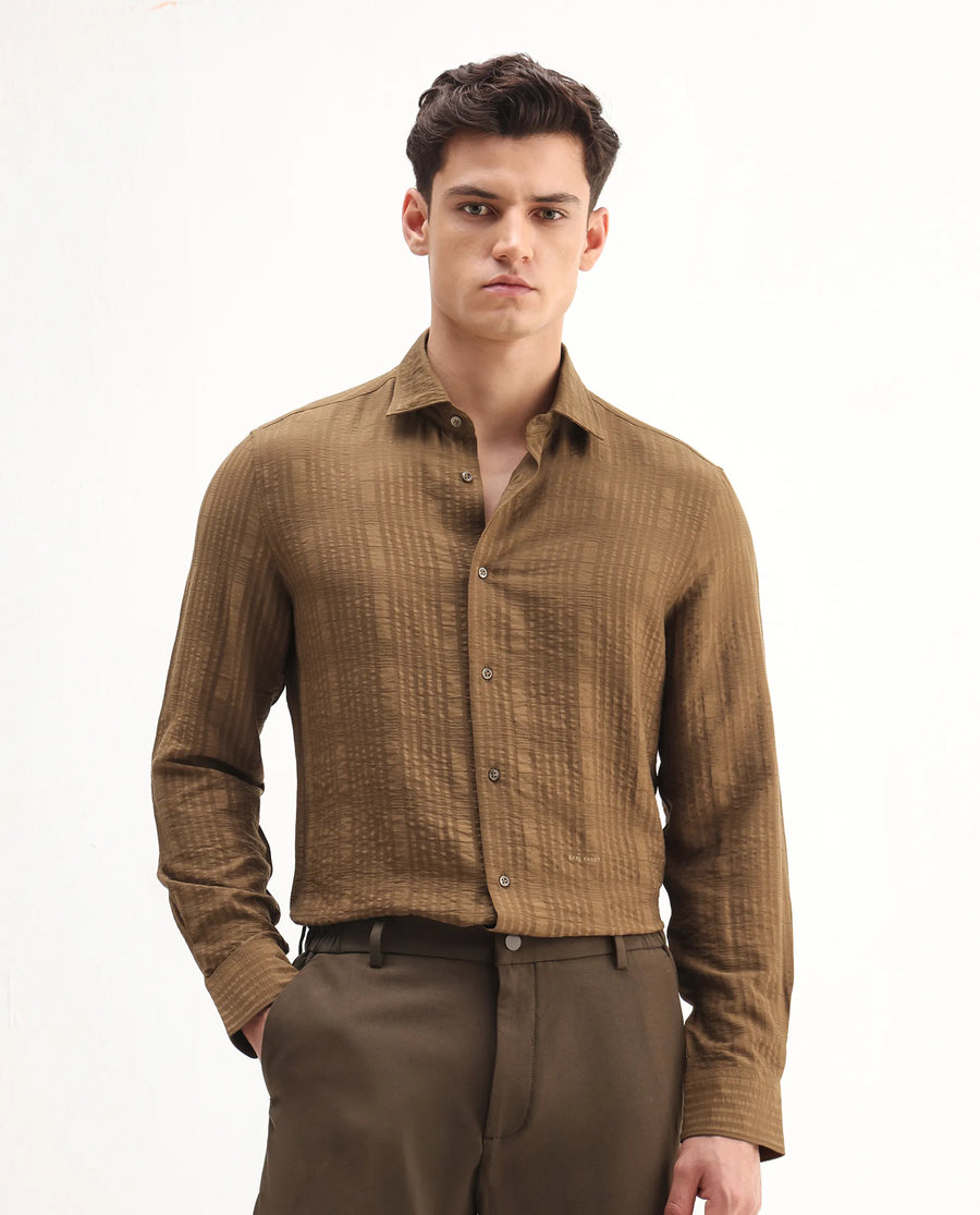 Rare Rabbit Men's Vaxo Dusky Mustard Viscose Blend Checked Print Regular Fit Full Sleeve Collared Shirt