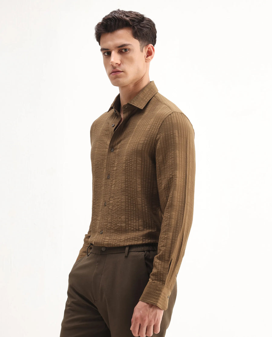 Rare Rabbit Men's Vaxo Dusky Mustard Viscose Blend Checked Print Regular Fit Full Sleeve Collared Shirt
