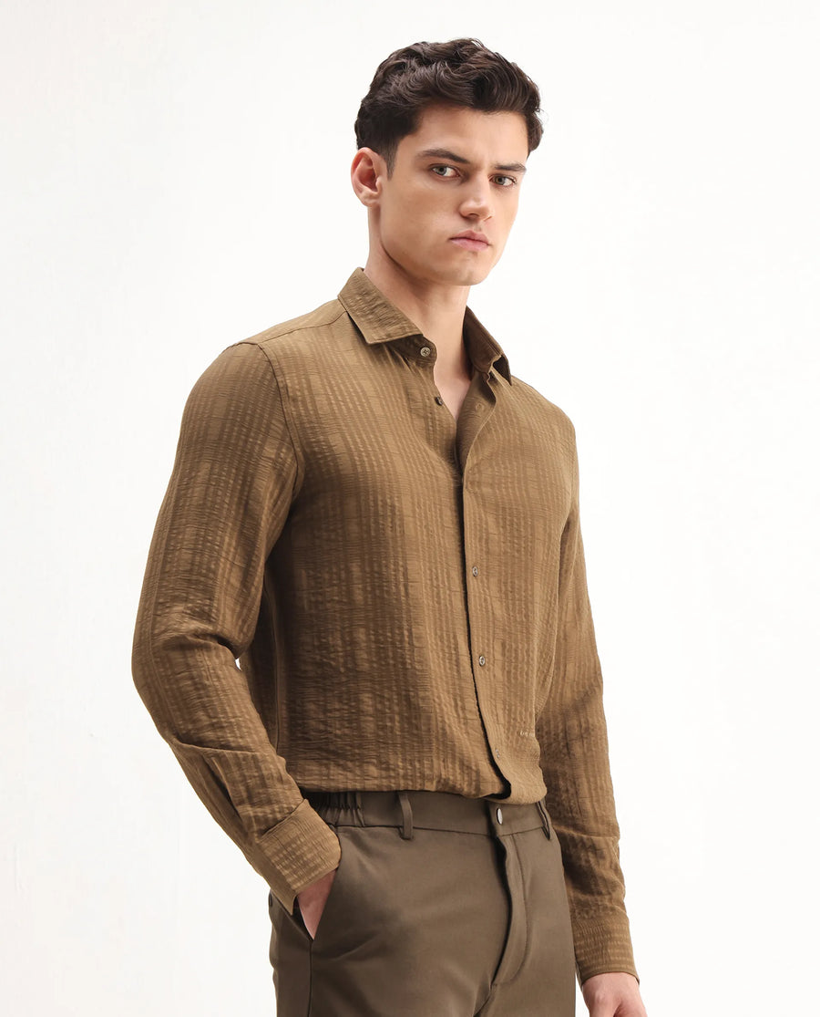 Rare Rabbit Men's Vaxo Dusky Mustard Viscose Blend Checked Print Regular Fit Full Sleeve Collared Shirt
