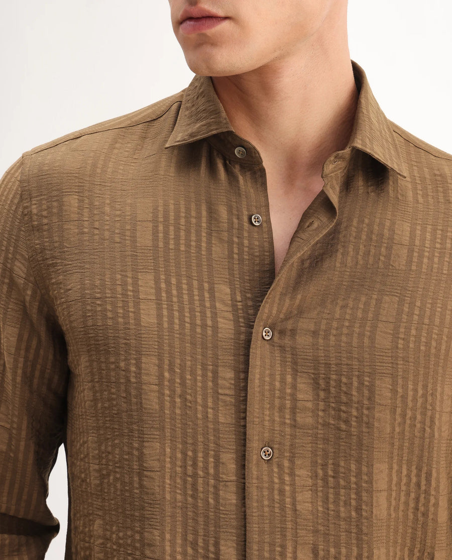 Rare Rabbit Men's Vaxo Dusky Mustard Viscose Blend Checked Print Regular Fit Full Sleeve Collared Shirt
