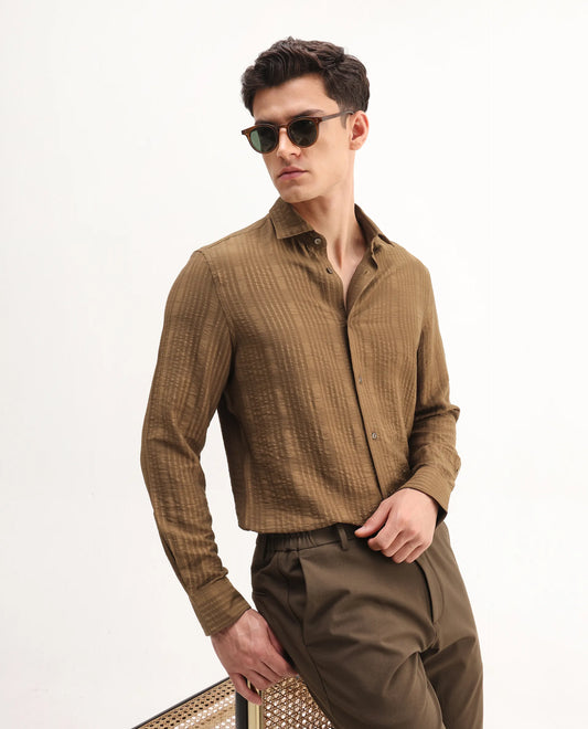 Rare Rabbit Men's Vaxo Dusky Mustard Viscose Blend Checked Print Regular Fit Full Sleeve Collared Shirt