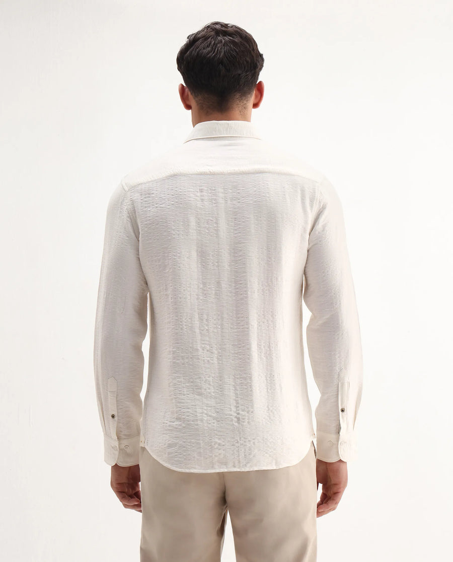 Rare Rabbit Men's Vaxo Off White Viscose Blend Checked Print Regular Fit Full Sleeve Collared Shirt
