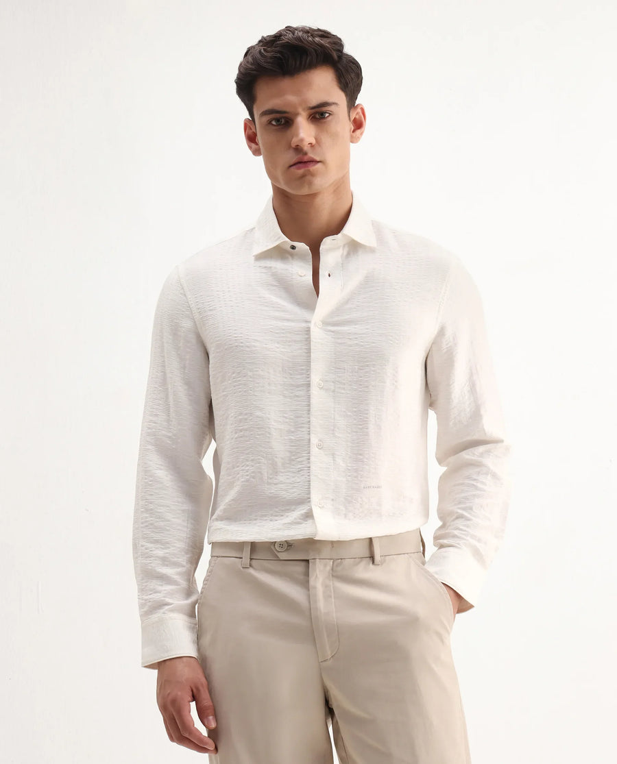 Rare Rabbit Men's Vaxo Off White Viscose Blend Checked Print Regular Fit Full Sleeve Collared Shirt