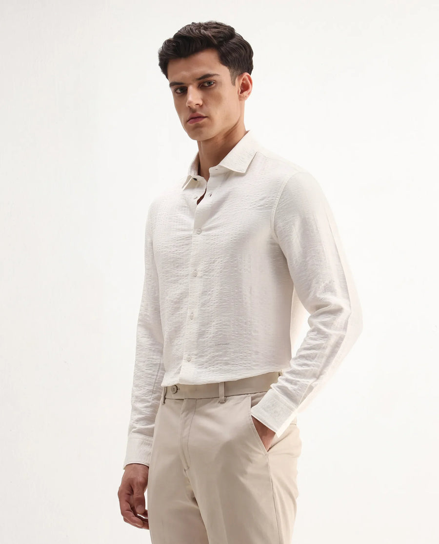 Rare Rabbit Men's Vaxo Off White Viscose Blend Checked Print Regular Fit Full Sleeve Collared Shirt