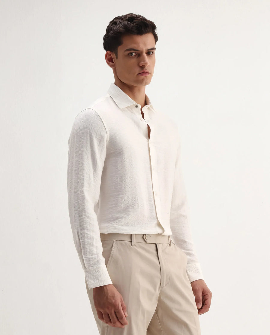 Rare Rabbit Men's Vaxo Off White Viscose Blend Checked Print Regular Fit Full Sleeve Collared Shirt
