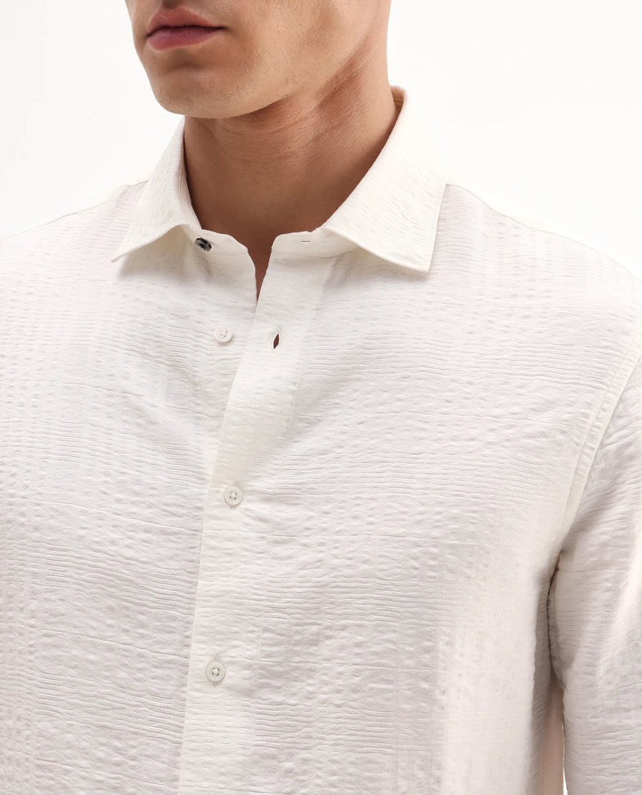Rare Rabbit Men's Vaxo Off White Viscose Blend Checked Print Regular Fit Full Sleeve Collared Shirt