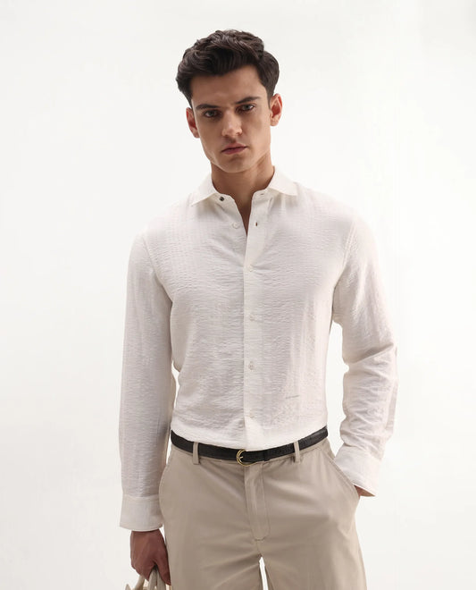 Rare Rabbit Men's Vaxo Off White Viscose Blend Checked Print Regular Fit Full Sleeve Collared Shirt