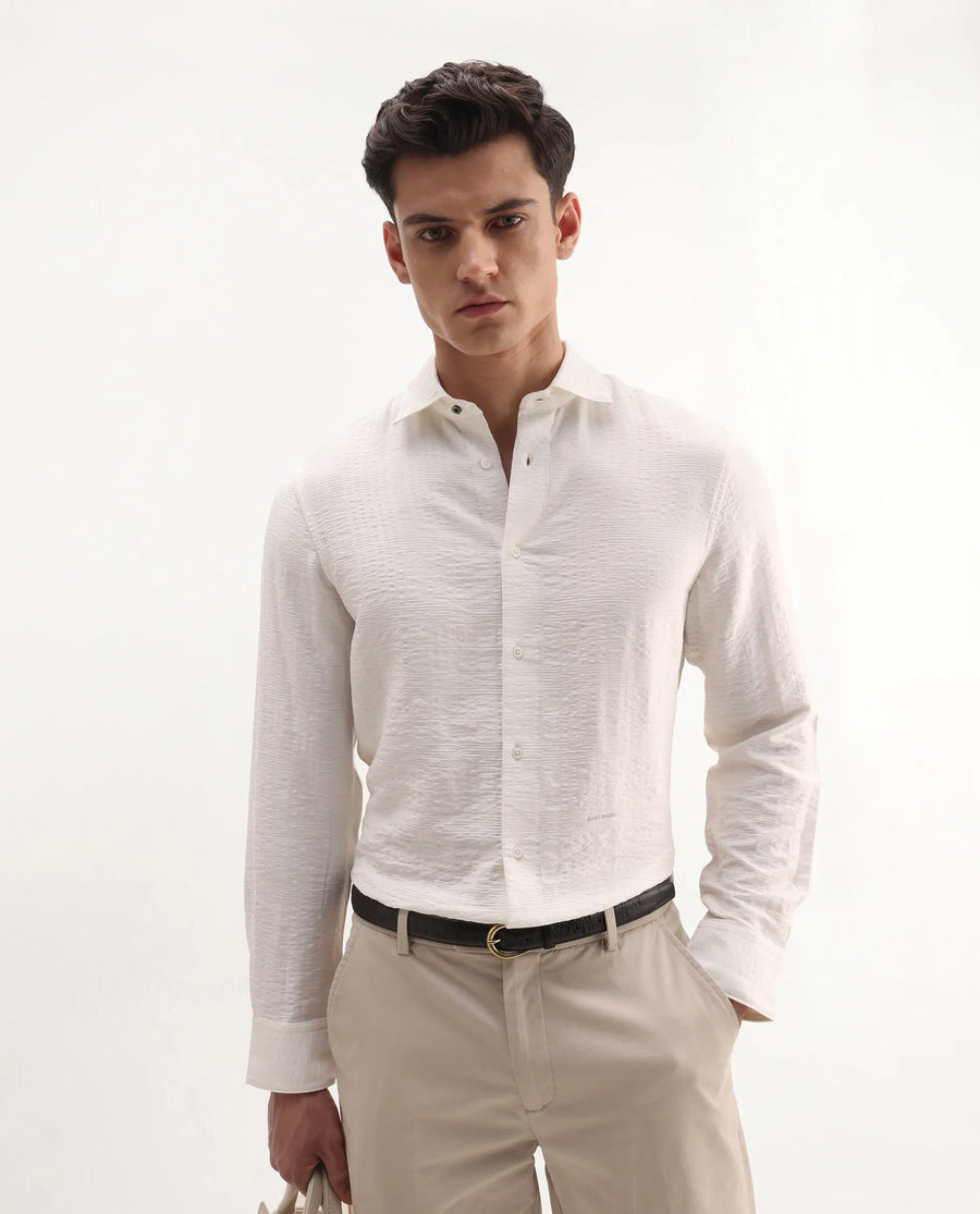 Rare Rabbit Men's Vaxo Off White Viscose Blend Checked Print Regular Fit Full Sleeve Collared Shirt