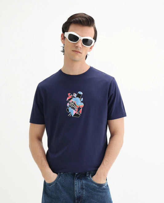 Rare Rabbit Men's Vazo Dark Blue Cotton Blend Graphic Print Regular Fit Half Sleeve Crew Neck T-Shirt