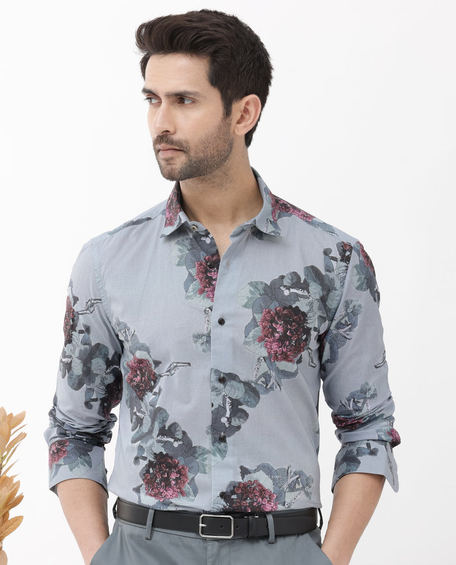 Rare Rabbit Men's Velem Grey Viscose Floral Print Regular Fit Full Sleeve Collared Shirt