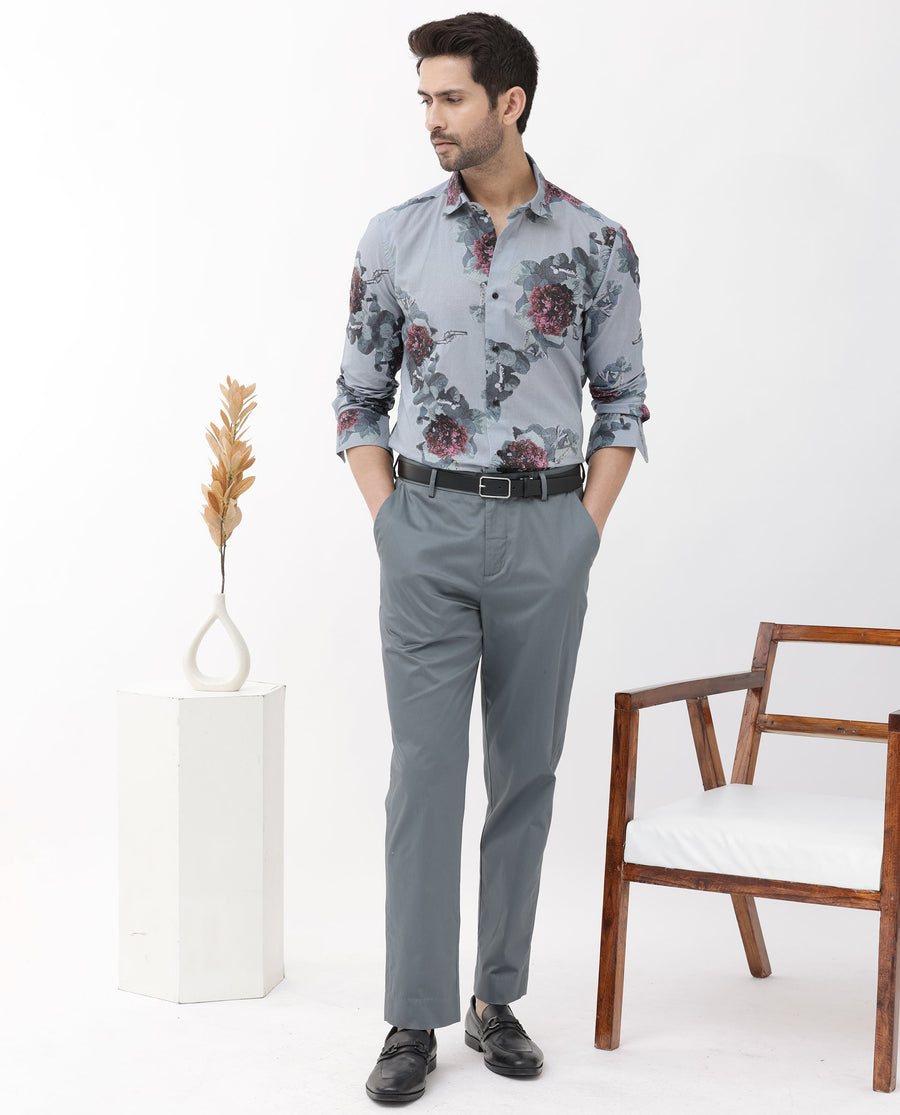 Rare Rabbit Men's Velem Grey Viscose Floral Print Regular Fit Full Sleeve Collared Shirt