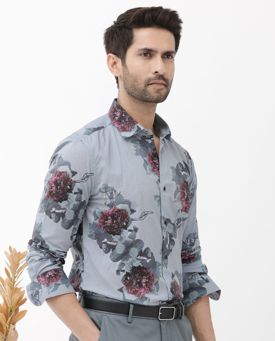 Rare Rabbit Men's Velem Grey Viscose Floral Print Regular Fit Full Sleeve Collared Shirt