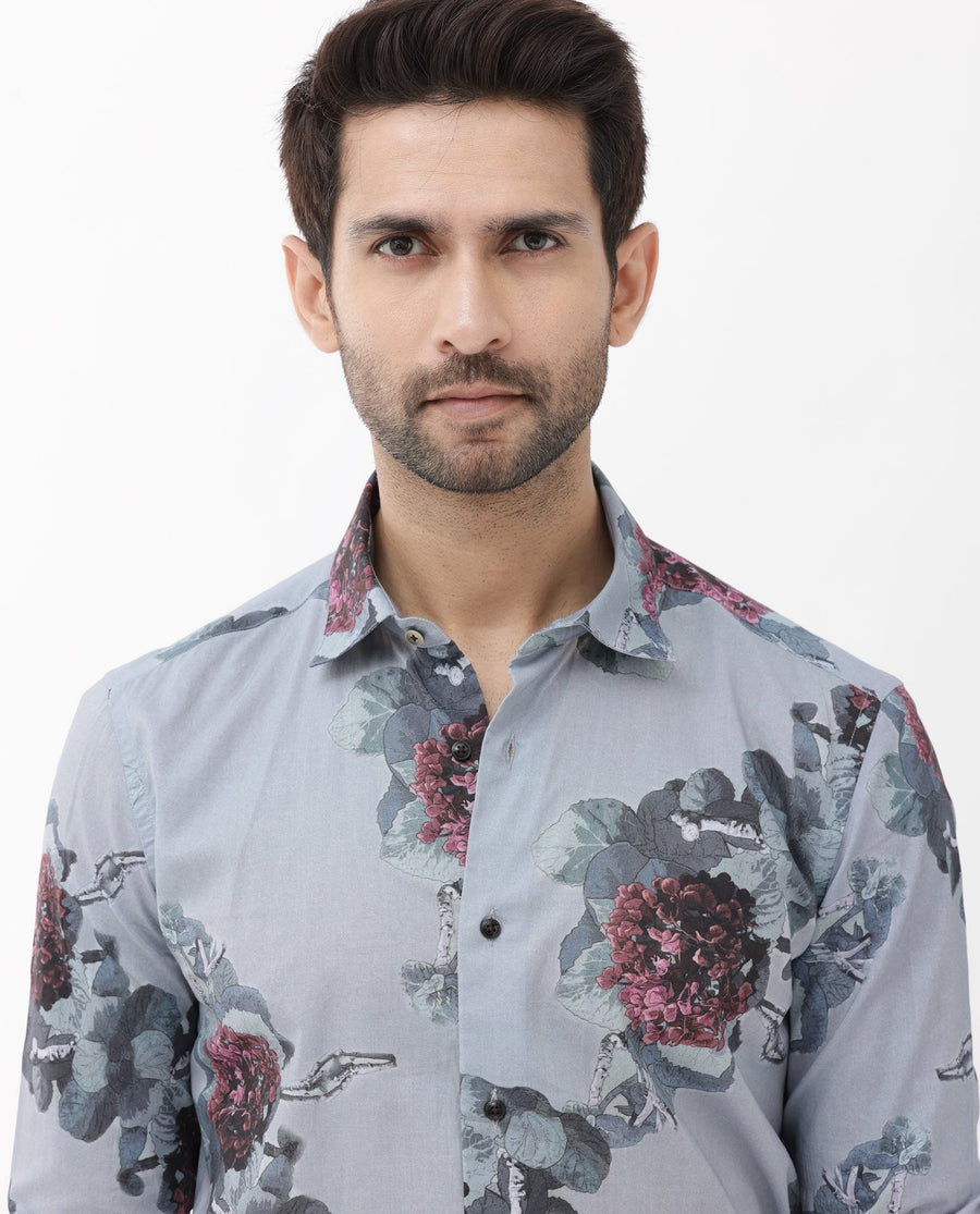 Rare Rabbit Men's Velem Grey Viscose Floral Print Regular Fit Full Sleeve Collared Shirt