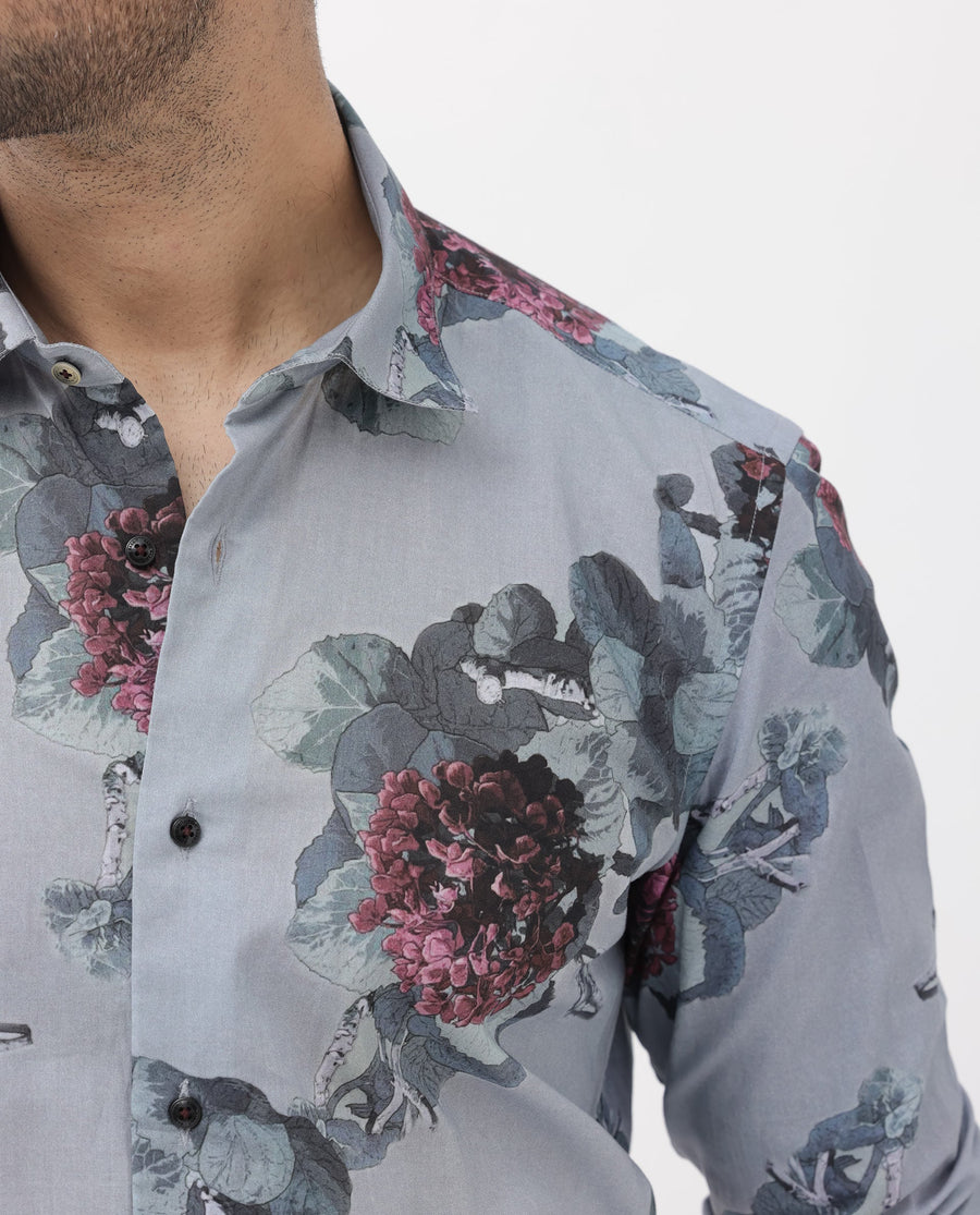 Rare Rabbit Men's Velem Grey Viscose Floral Print Regular Fit Full Sleeve Collared Shirt