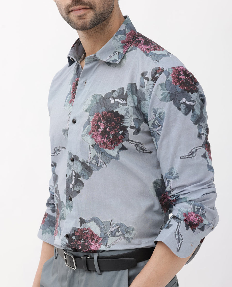 Rare Rabbit Men's Velem Grey Viscose Floral Print Regular Fit Full Sleeve Collared Shirt