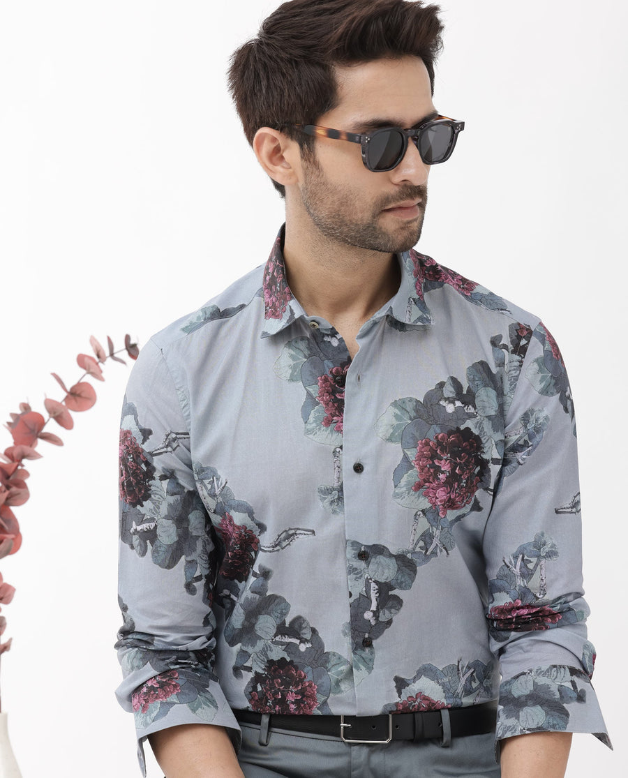 Rare Rabbit Men's Velem Grey Viscose Floral Print Regular Fit Full Sleeve Collared Shirt