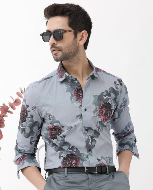 Rare Rabbit Men's Velem Grey Viscose Floral Print Regular Fit Full Sleeve Collared Shirt