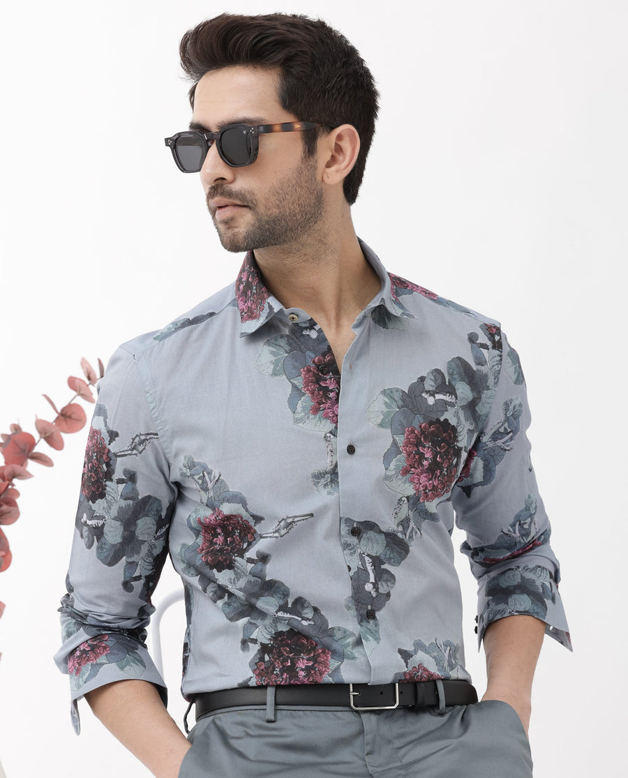 Rare Rabbit Men's Velem Grey Viscose Floral Print Regular Fit Full Sleeve Collared Shirt