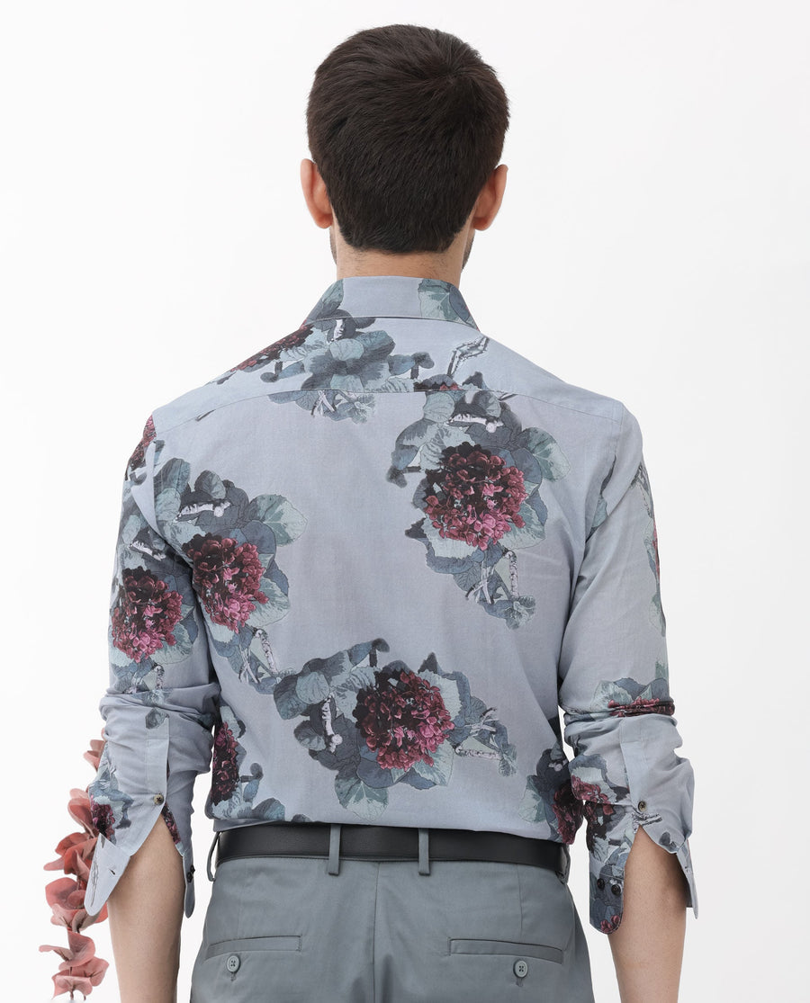 Rare Rabbit Men's Velem Grey Viscose Floral Print Regular Fit Full Sleeve Collared Shirt