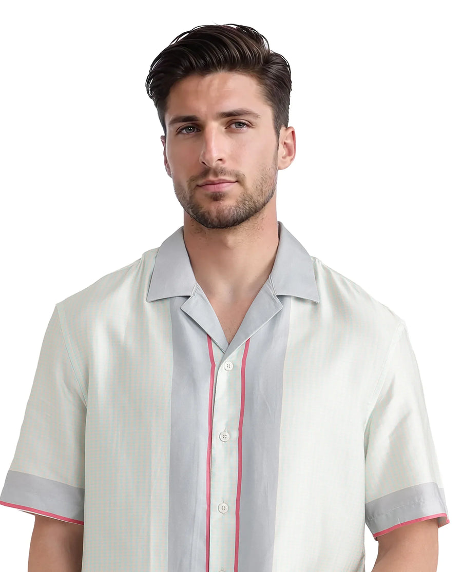 Rare Rabbit Men's Velix Blue Cotton Blend Houndstooth Print Boxy Fit Half Sleeve Cuban Collar Shirt
