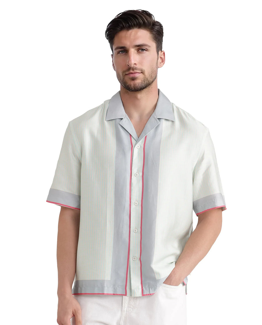 Rare Rabbit Men's Velix Blue Cotton Blend Houndstooth Print Boxy Fit Half Sleeve Cuban Collar Shirt