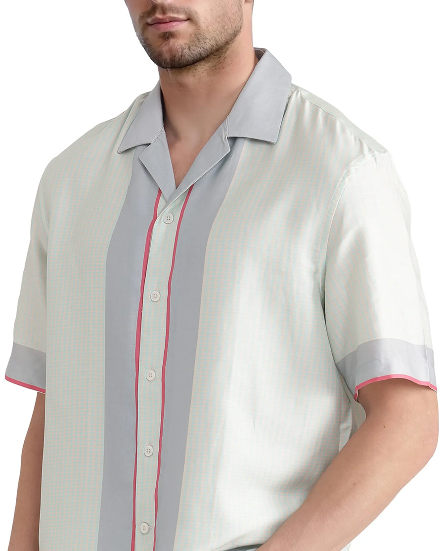 Rare Rabbit Men's Velix Blue Cotton Blend Houndstooth Print Boxy Fit Half Sleeve Cuban Collar Shirt