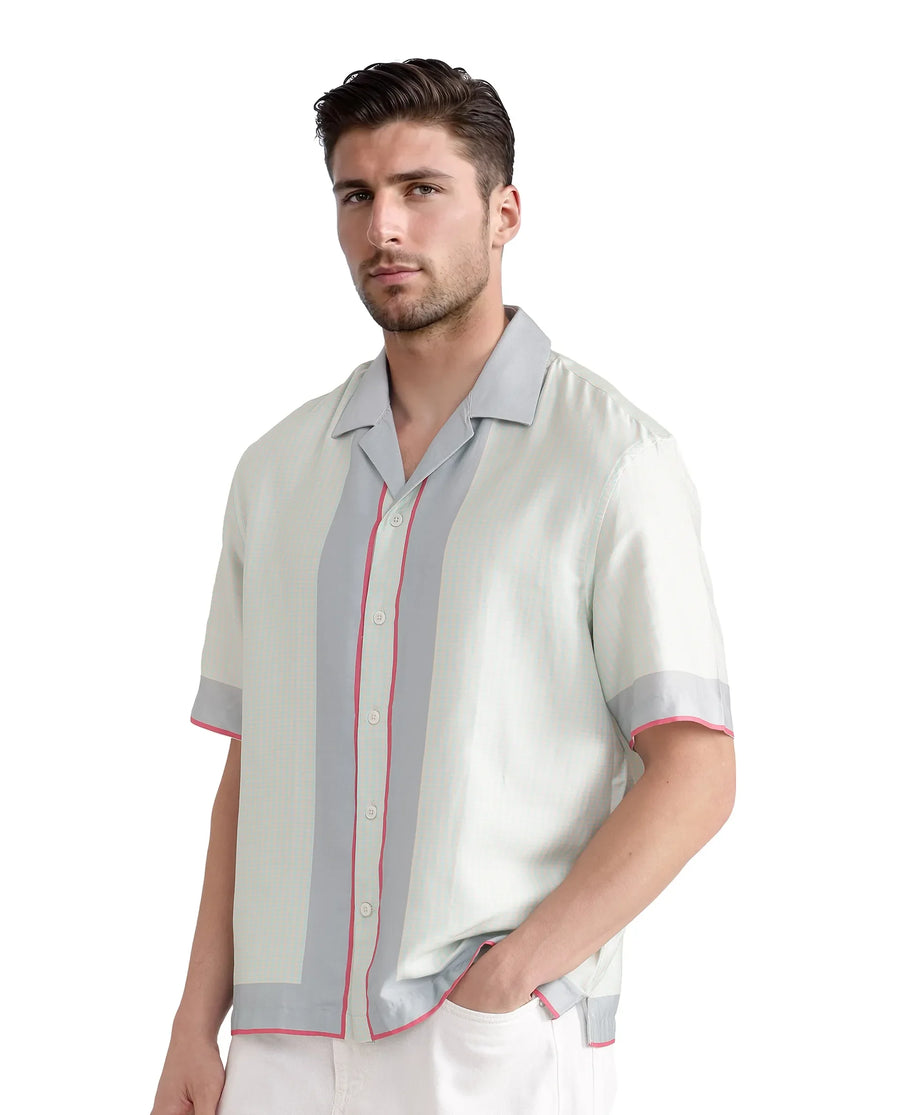 Rare Rabbit Men's Velix Blue Cotton Blend Houndstooth Print Boxy Fit Half Sleeve Cuban Collar Shirt