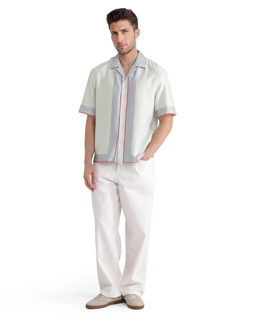 Rare Rabbit Men's Velix Blue Cotton Blend Houndstooth Print Boxy Fit Half Sleeve Cuban Collar Shirt