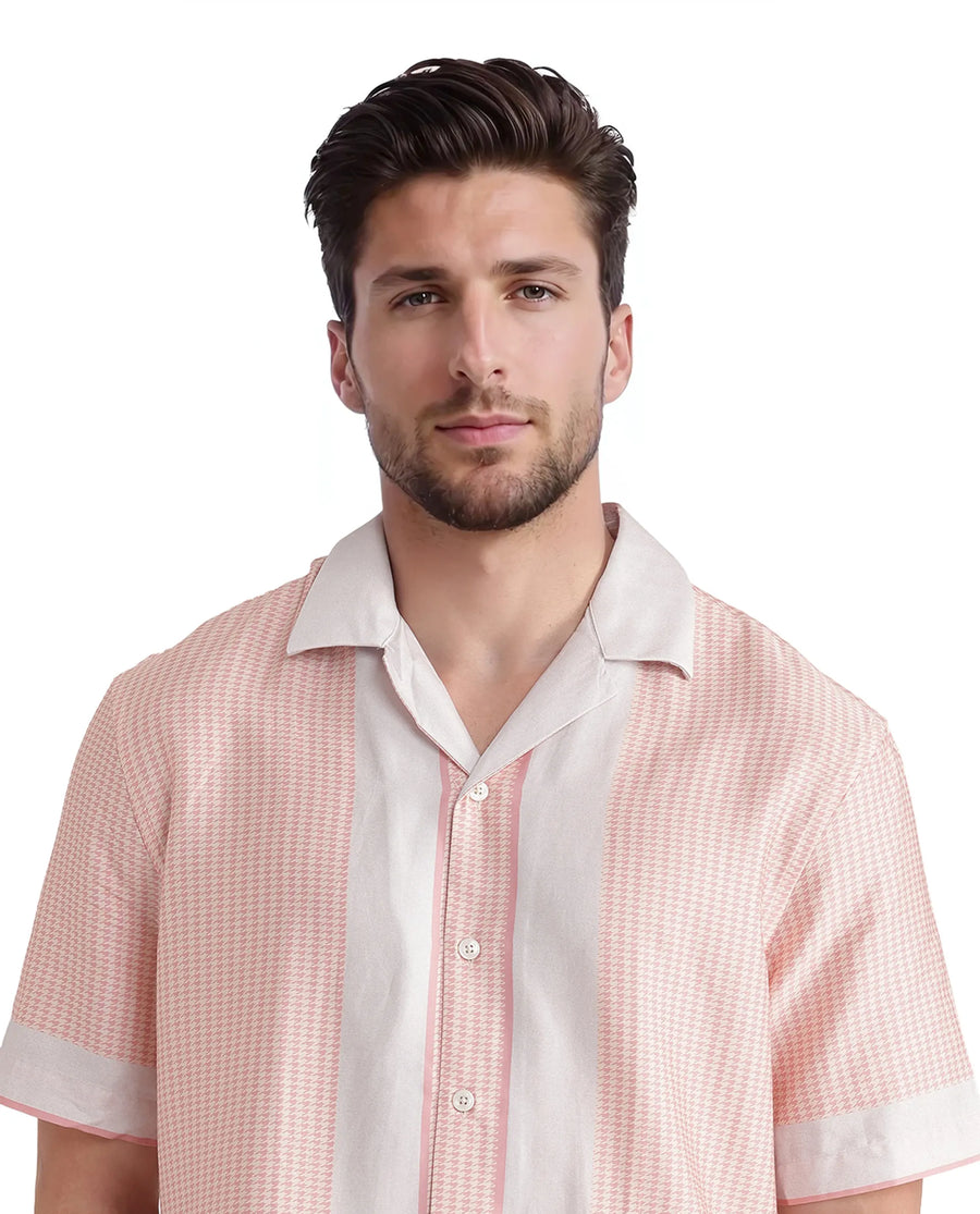 Rare Rabbit Men's Velix Light Pink Cotton Blend Houndstooth Print Boxy Fit Half Sleeve Collared Shirt
